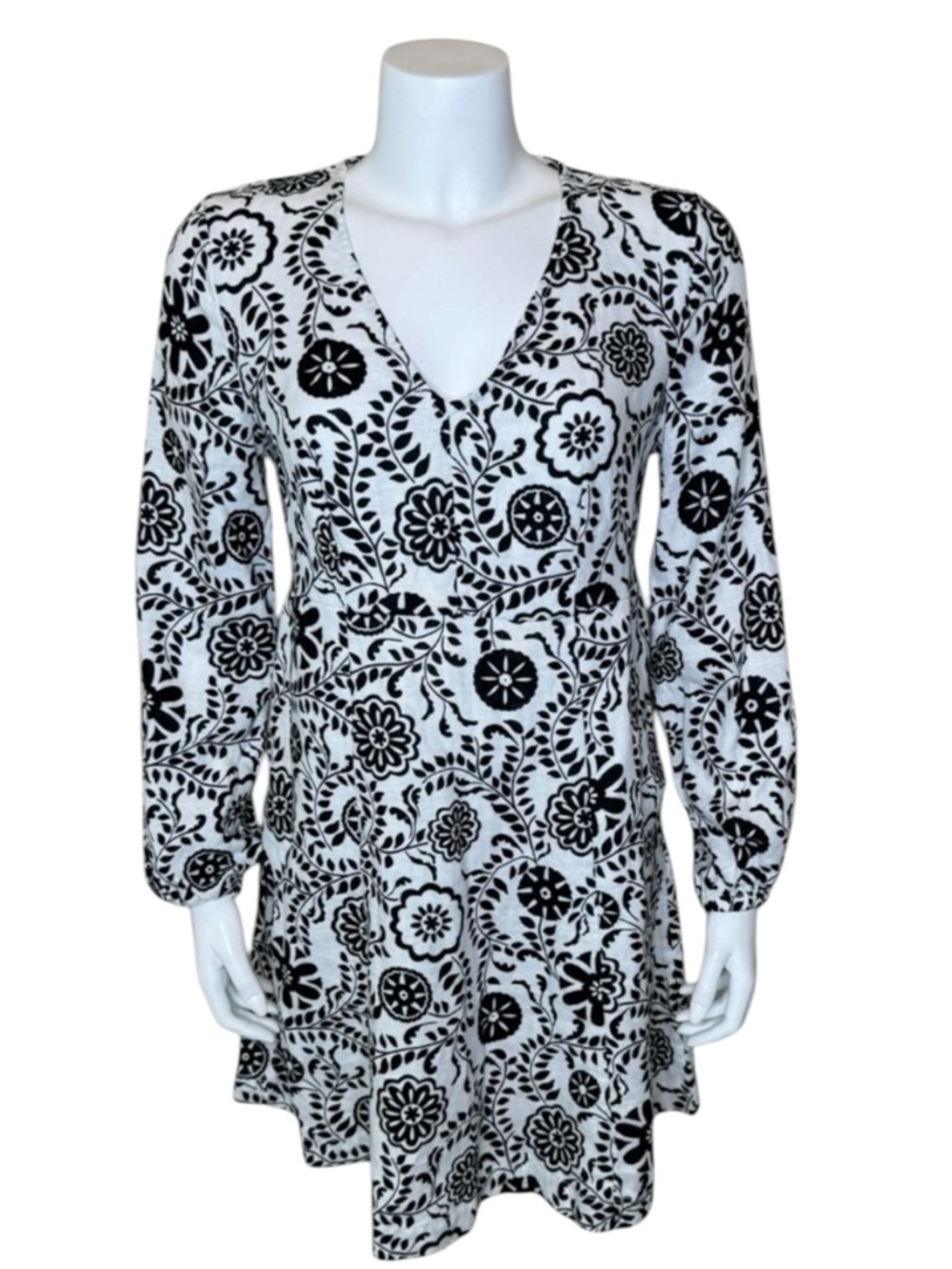 Boden Opulent Garden Linen Floral Dress 6R Pullover V-neck Black White